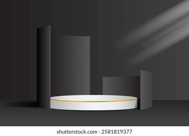 a white round podium with gold accents, surrounded by elegant black curved elements. Suitable for product presentations, showcases, branding, or luxury and exclusive promotional designs