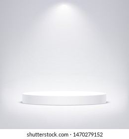 White round podium illuminated with light. Vector pedestal for product presentation.