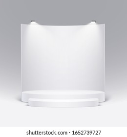 White round podium illuminated with light. Vector pedestal for product presentation.