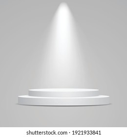 White round podium illuminated with light. Vector pedestal for product.