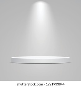 White round podium illuminated with light. Vector pedestal for product.