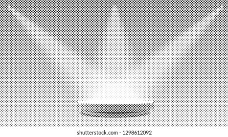 podio blanco redondo iluminado con tres focos, fondo vectorial medio tono de raster punteado