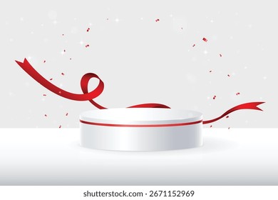 Podio redondo blanco sobre fondo blanco con brillos, Elementos rojos brillantes y confeti para presentaciones, demostraciones y publicidad. Premium maqueta de podio blanco, ilustración de Vector (EPS)
