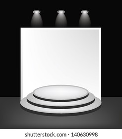 White round podium on the black background.