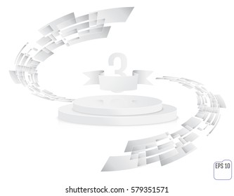 White round podium. Pedestal. 3D. Scene.  Two-level podium. Stage for awards ceremony. Thrid place. Winner, number three background. Vector illustration.