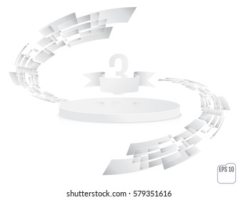 White round podium. Pedestal. 3D. Scene.  One-level podium. Stage for awards ceremony. Thrid place. Winner, number three background. Vector illustration.