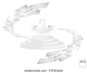 White round podium. Pedestal. 3D. Scene.  Three-level podium. Stage for awards ceremony. Thrid place. Winner, number three background. Vector illustration.