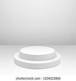 White round podium. Pedestal in white room scene. Vector illustration.
