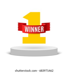 White round podium. Pedestal. Winner. Red ribbon. Vector illustration.