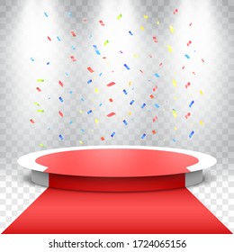 Podio blanco redondo con alfombra roja y confeti colorido sobre fondo transparente. Escenario para la ceremonia de premiación. Pedestal con focos. Ilustración vectorial.