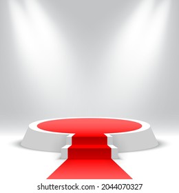 White round podium with red carpet and stairs. Blank pedestal with steps and spotlights. Products display platform. Stage for awards ceremony. Vector illustration.