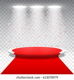 White round podium with red carpet and confetti on transparent background. Stage for awards ceremony. Pedestal. Spotlight. Vector illustration.