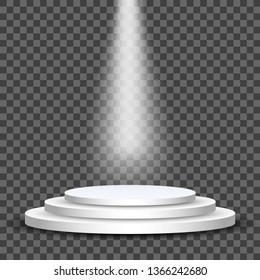 White round podium with spotlight isolated on transparent background. Festive event. Stage for winners and award ceremony. Pedestal with stairs. Template design for product or person presentation.