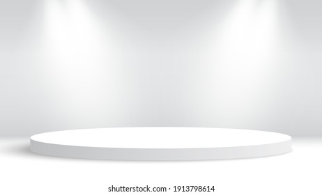 White round podium and spotlights. Pedestal. Vector illustration.