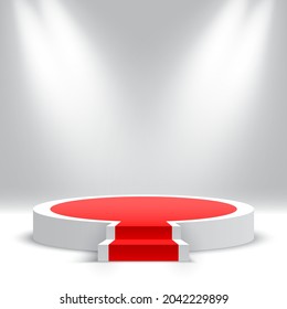 White round podium with stairs. Blank pedestal with steps and spotlights. Products display platform. Stage for awards ceremony. Vector illustration.
