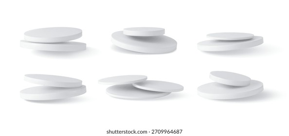 Soportes redondos blancos del podio, pedestales de los niveles 3D. Plataforma para la presentación de productos. Maqueta de escena mínima volumétrica para escaparate de etapa de producto. Cilindros geométricos con juego de Vectores de sombra