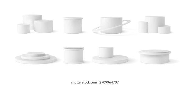 Soportes redondos blancos del podio, sistema del Vector de los pedestales de los niveles 3D. Plataforma para la presentación de productos. Maqueta de escena mínima volumétrica para escaparate de etapa de producto. Cilindros geométricos con sombra