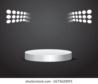 White round podium under bright spotlights on a dark background, perfect for product display or stage presentation.