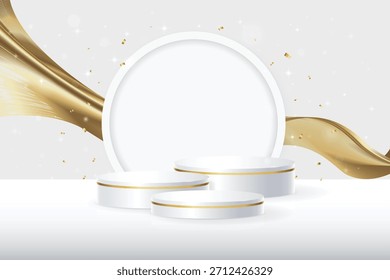 White round podiums on white background with glitters, luxury gold elements and confetti for presentations, demonstrations and advertising. Premium white  podium mockup, Vector (EPS) illustration