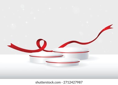 White round podiums on white background with glitters and bright red elements for presentations, demonstrations and advertising. Premium white  podium mockup, Vector (EPS) illustration