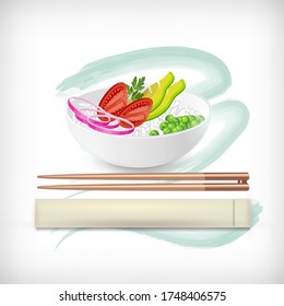 White round poke bowl with avocado, rice, onion rings, tomato, green peas, wooden food chopsticks on a watercolor background. Trend Hawaiian food. Vector illustration of healthy asian food.