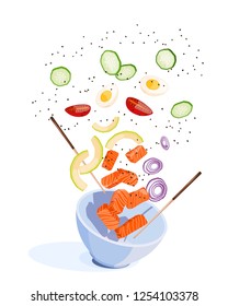 White round poke bowl with flying products: salmon, avocado, rice and onion ring, tomato on a white background. Trend Hawaiian food. Vector illustration of healthy food.