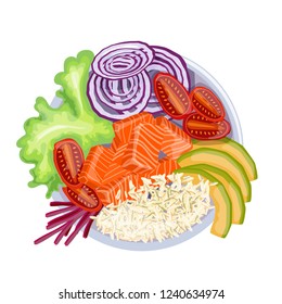 White round poke bowl with salmon, avocado, rice and onion ring, tomato on a white background. Trend Hawaiian food. Vector illustration of healthy food.