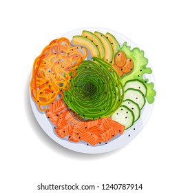 White round poke bowl with salmon, avocado,cucumber, carrot and seaweed on a white background. Trend Hawaiian food. Vector illustration of healthy food.