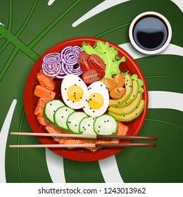 White round poke bowl with salmon, avocado, rice and onion ring, tomato with soy sauce on a white background on a tropical leaf with chopsticks Trend Hawaiian food. Vector illustration of healthy food