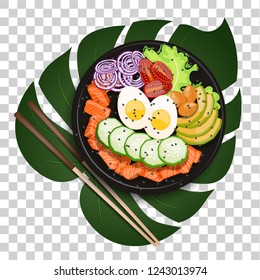 White round poke bowl with salmon, avocado,cucumber, egg, onion rings and tomato on a tropical leaf with chopsticks on a white background. Trend Hawaiian food. Vector illustration of healthy food.