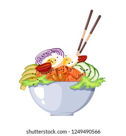 White round poke bowl with salmon, avocado,cucumber, egg, onion rings and tomato on a white background. Trend Hawaiian food. Vector illustration of healthy food.