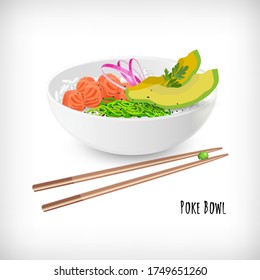 White round poke bowl with salmon fish cubes, rice, onion rings, seaweed, avocado, parsley, wooden food chopsticks on white background. Trend Hawaiian food. Lettering Poke Bowl. Vector illustration.