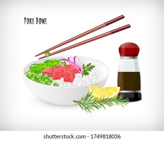 White round poke bowl with tuna fish cubes, rice, onion rings, green peas, seaweed, lemon, soy sauce bottle, wooden food chopsticks on white background. Trend Hawaiian food. Lettering Poke Bowl.