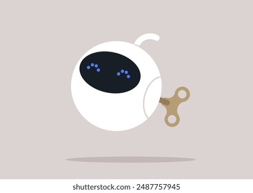 A white, round robot with a A Wind-Up clockwork key floats in mid-air, its eyes blinking with a sense of wonder