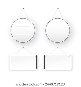 White round shop door signs hanging isolated on transparent background. Empty or blank sign for store, restaurant or cafe. Vector
