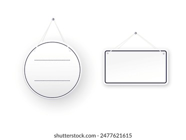 White round shop door signs hanging isolated on transparent background. Empty or blank sign for store, restaurant or cafe. Vector