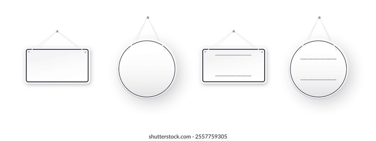 White round shop door signs hanging isolated on transparent background. Empty or blank sign for store, restaurant or cafe. Vector