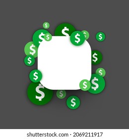 White round square frame on green dollar confetti background. Space for text. Vector illustration.