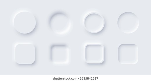 White round and square web buttons. Soft glowing circular UI elements in modern neomorphism style. Abstract 3D buttons with subtle shadows and light effects. Vectors set for digital interfaces.