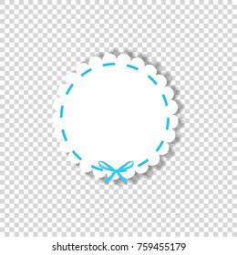 White round stamp with blue ribbon in paper cut out style isolated on transparent background. Vector illustration, template with space for text.