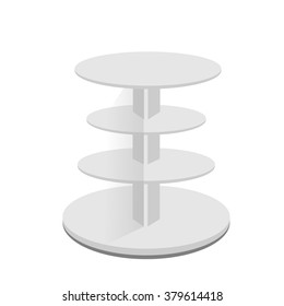 White round stand racks for supermarkets.  Empty displays with shelves for your products on white background. Vector illustration.