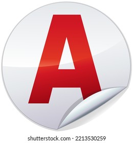 White round sticker with the letter A written in red indicating the presence of a vehicle for which the driver has a probationary license (metal reflection)