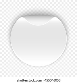 White round sticker on transparent background. Banner. Curled paper. Circle. Vector illustration.