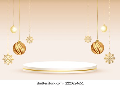 El estudio blanco redondo está decorado con oro y con copos de nieve dorados. ideas de vacaciones de invierno Uso para banners, afiches web, portadas y folletos.