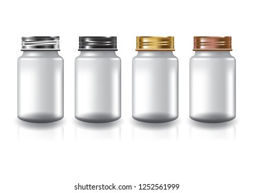 White round supplements, medicine bottle 4 colors screw lid for beauty or healthy product. Isolated on white background with reflection shadow. Ready to use for package design. Vector illustration.