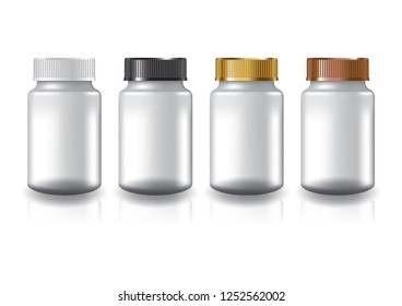 White round supplements, medicine bottle 4 colors groove lid for beauty or healthy product. Isolated on white background with reflection shadow. Ready to use for package design. Vector illustration.