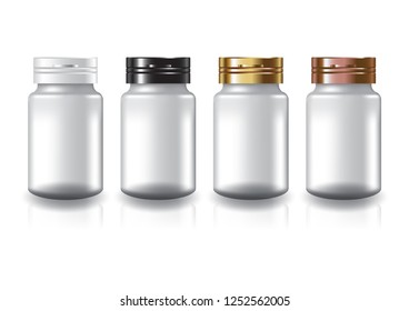 White round supplements, medicine bottle 4 colors cap lid for beauty or healthy product. Isolated on white background with reflection shadow. Ready to use for package design. Vector illustration.