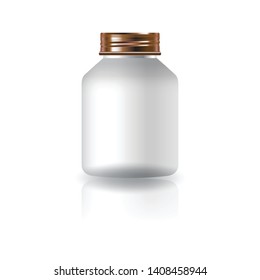 White round supplements, medicine bottle with copper screw lid for beauty or healthy product. Isolated on white background with shadow. Ready to use for package design. Vector illustration.