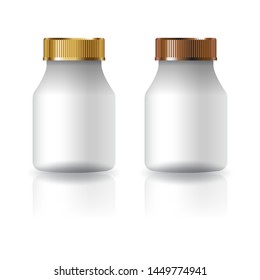 White round supplements, medicine bottle with gold-copper grooved lid for beauty or healthy product. Isolated on white background with shadow. Ready to use for package design. Vector illustration.