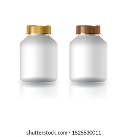 White round supplements, medicine bottles with gold-copper grooved lid for beauty, healthy product. Isolated on white background with shadow. Ready to use for package design. Vector illustration.